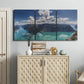 Three-panel canvas wall art featuring tropical water reflections with foliage, displayed above a cabinet in an entryway.