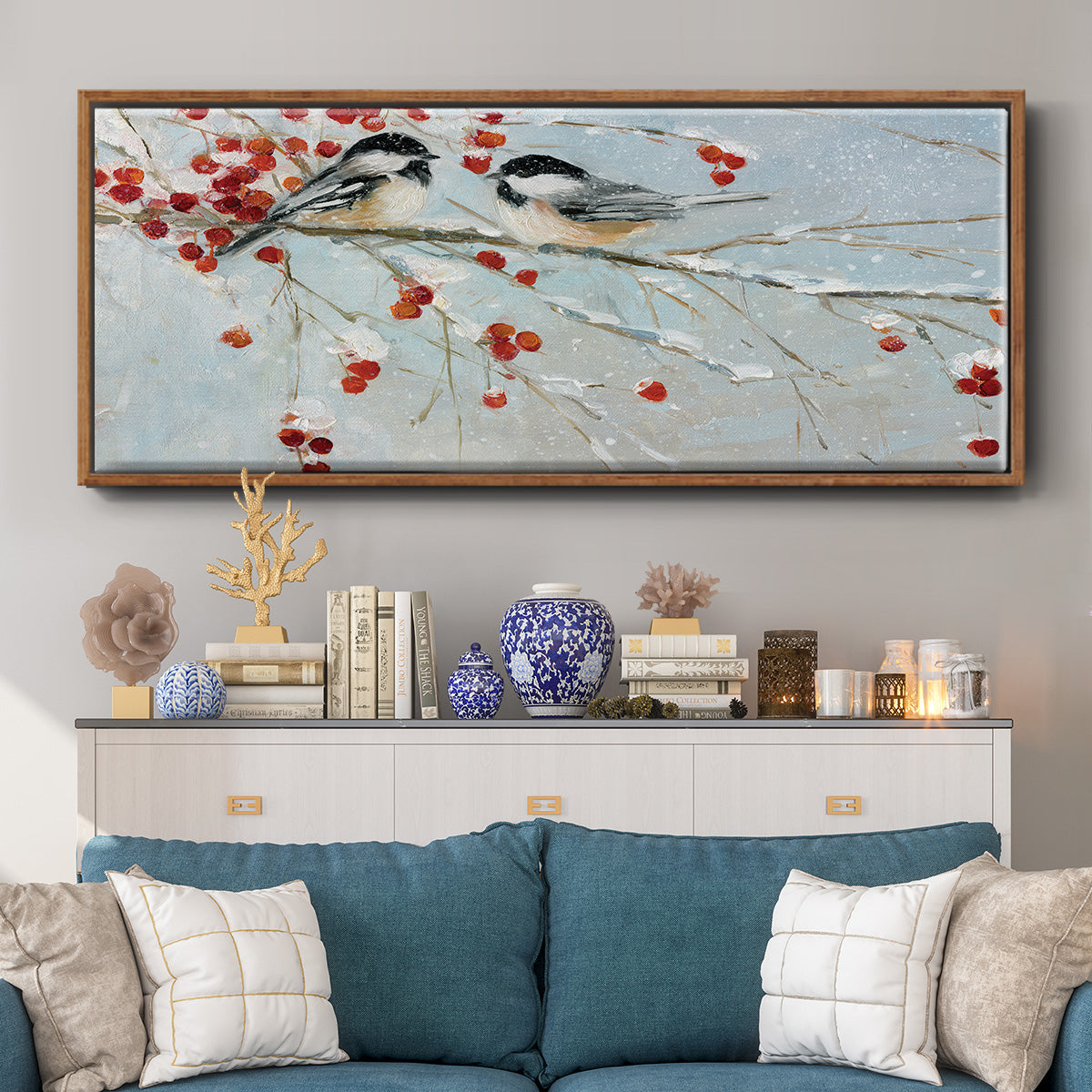 Chickadees in Winter - Floater Framed Canvas Print