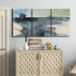 Three-panel canvas wall art featuring abstract watercolor with upward motion, displayed above a cabinet in an entryway.