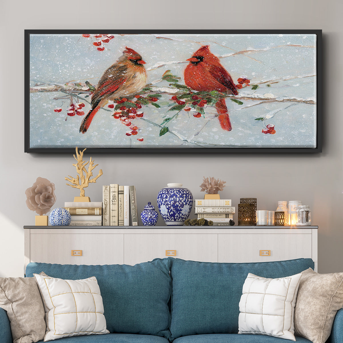 Cardinals in Winter - Floater Framed Canvas Print