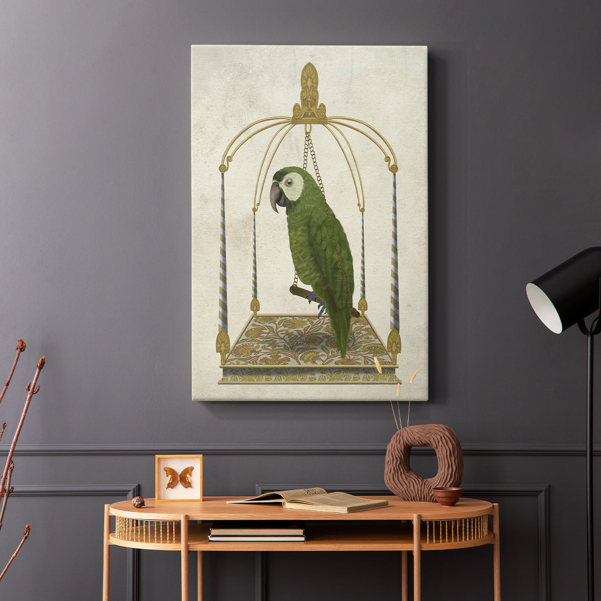 Green Parrot on Swing - Canvas Art Print