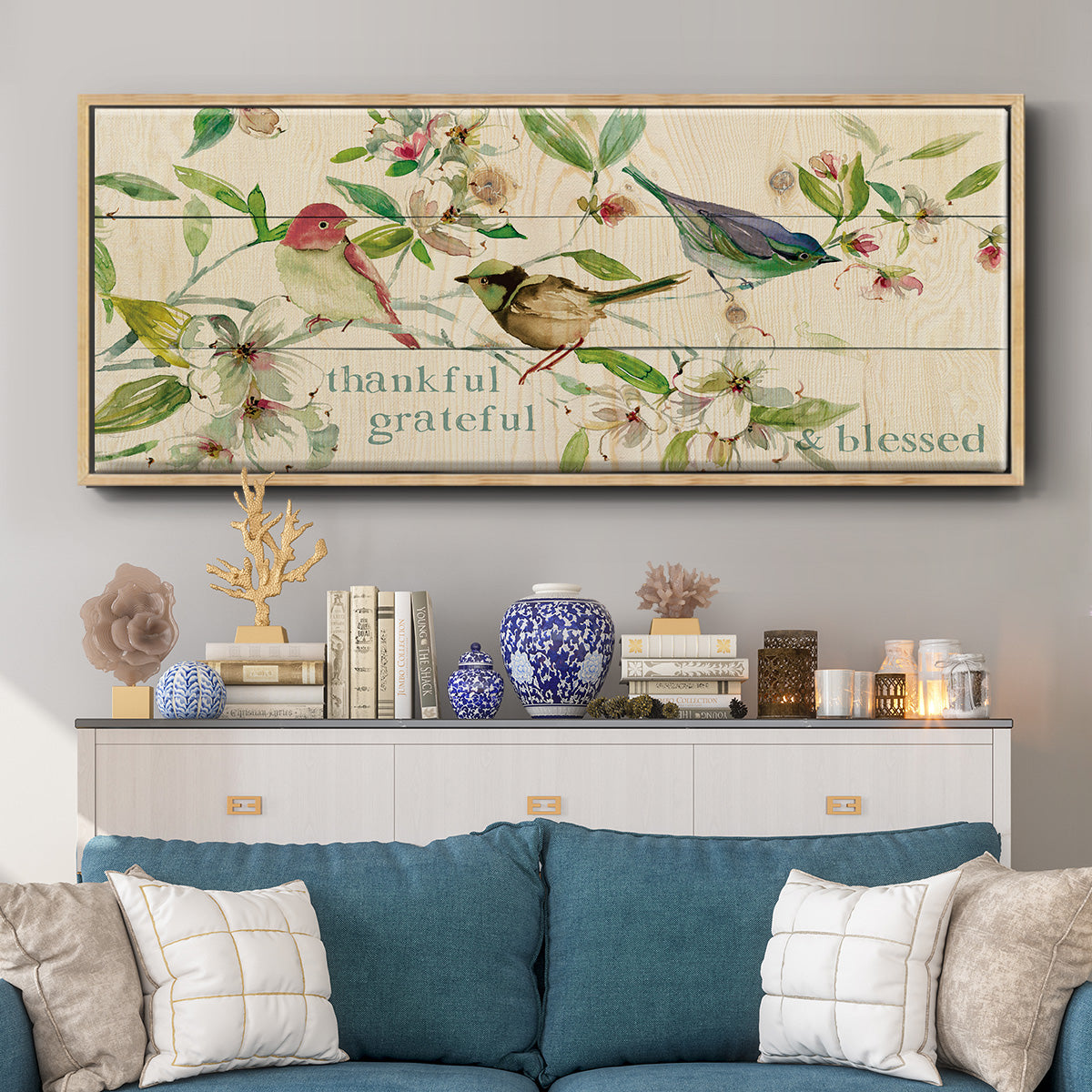 Grateful Thankful Blessed Birds - Floater Framed Canvas Print
