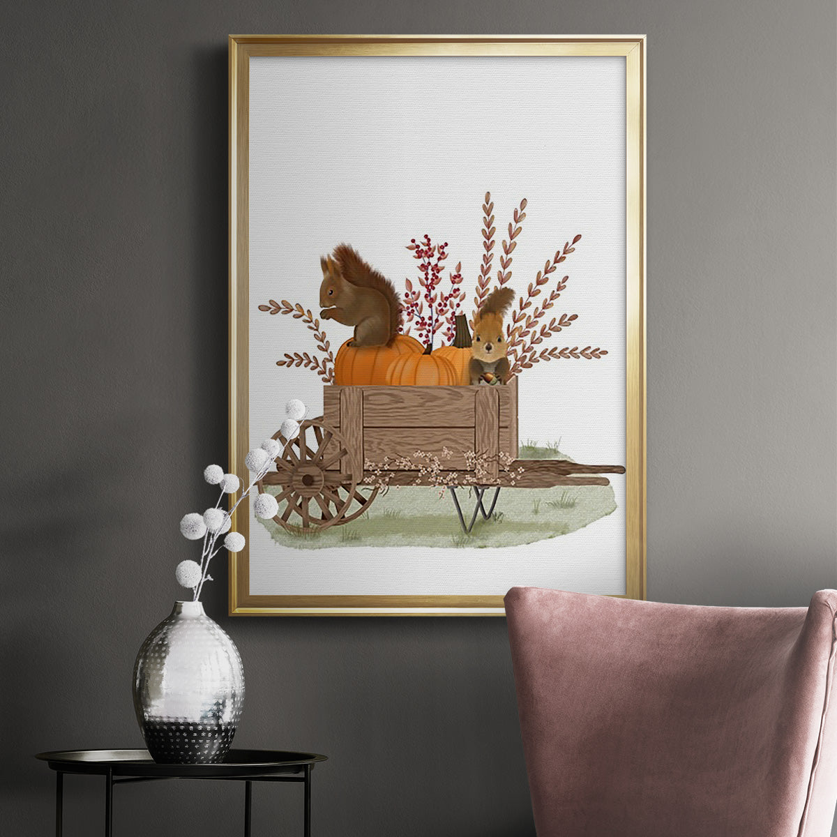 Squirrels In Pumpkin Wheelbarrow - Modern Framed Canvas Print