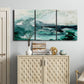 Three-panel canvas wall art featuring coastal abstract sea foam movement, displayed above a cabinet in an entryway.