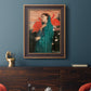 Impressionist portrait of a young woman with an ibis by Edgar Degas in an ornate bronzed mahogany wood frame displayed in a dark-toned interior setting.