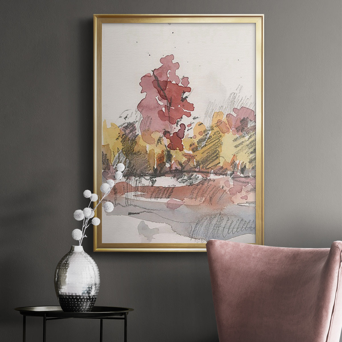 Watercolor Treeline Sketch I - Modern Framed Canvas Print