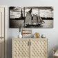Three-panel canvas wall art featuring historic sailing ships photograph, displayed above a cabinet in an entryway.