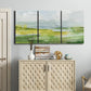 Three-panel canvas wall art featuring lowland wetlands with reflective water, displayed above a cabinet in an entryway.