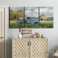 Three-panel canvas wall art featuring vintage blue truck with flower load, displayed above a cabinet in an entryway.