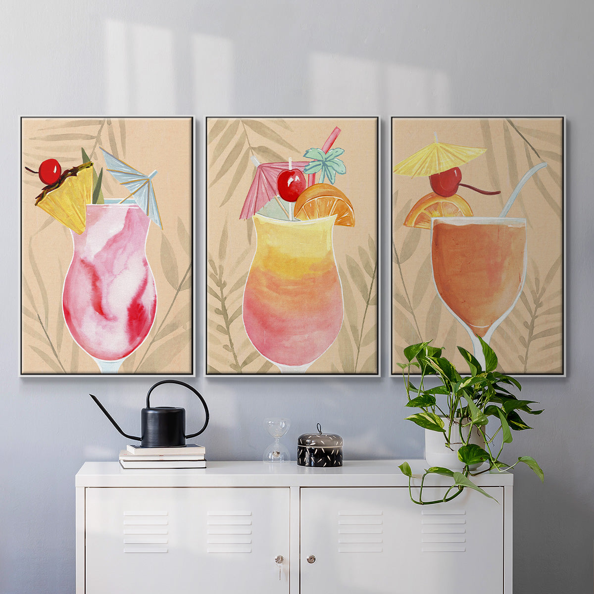 Tropical Cocktail I - Framed Premium Gallery Wrapped Canvas L Frame 3 Piece Set - Ready to Hang