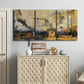 Three-panel canvas wall art featuring calm tropical shoreline at dusk, displayed above a cabinet in an entryway.