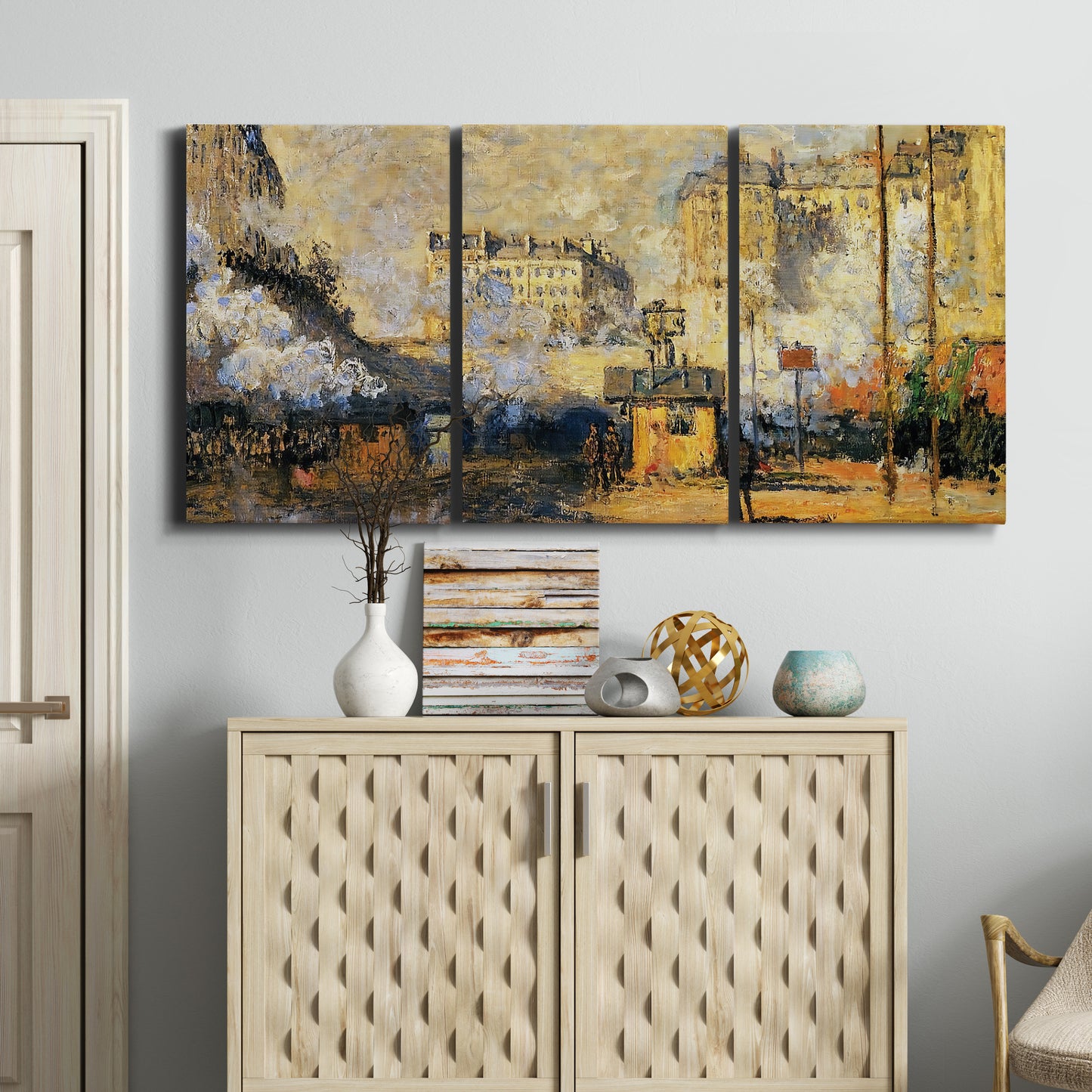 Three-panel canvas wall art featuring calm tropical shoreline at dusk, displayed above a cabinet in an entryway.