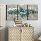 Three-panel canvas wall art featuring layered mineral abstract textures, displayed above a cabinet in an entryway.