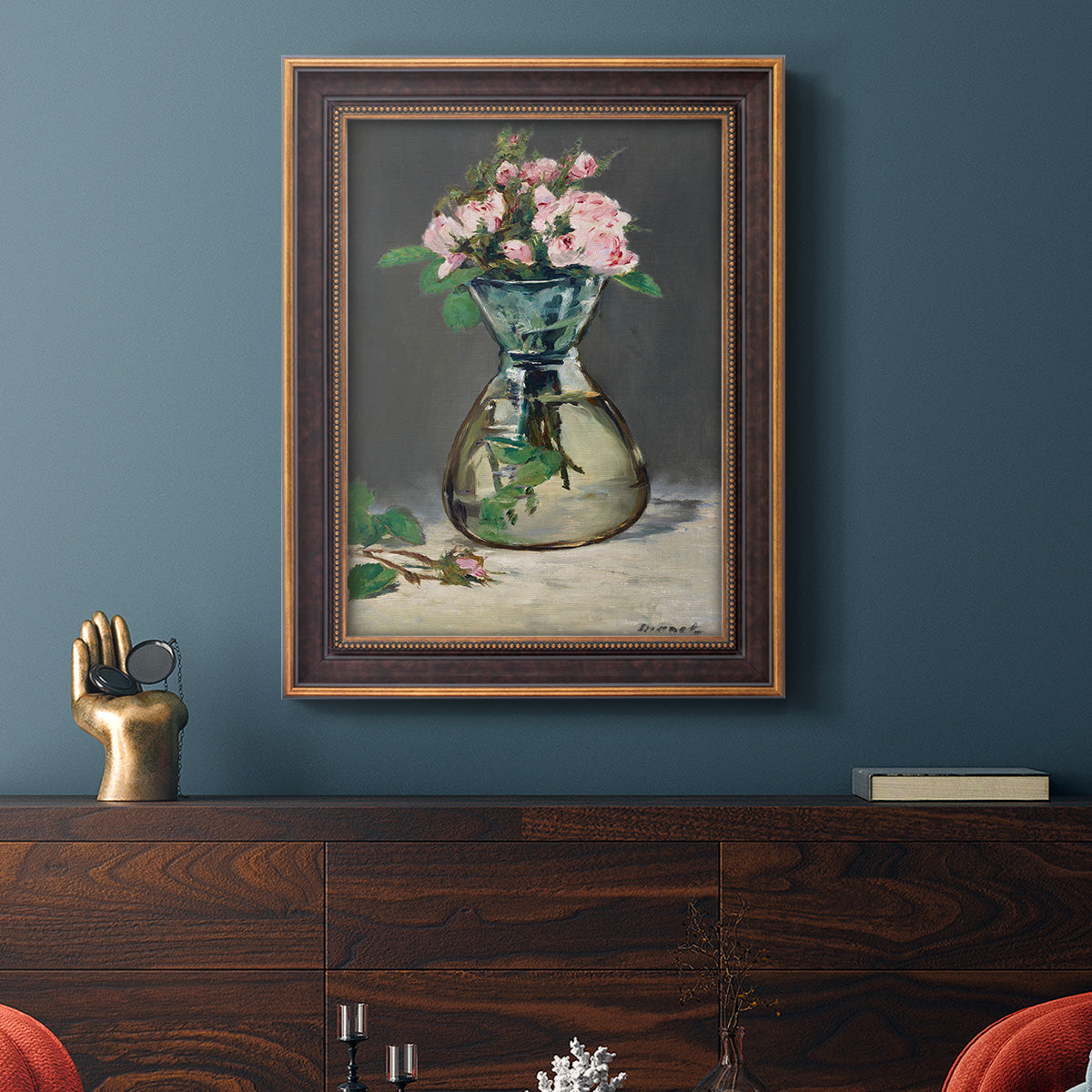 Moss Roses in a Vase - Ornate Framed Canvas Print