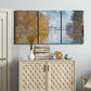 Three-panel canvas wall art featuring autumn landscape with glowing foliage, displayed above a cabinet in an entryway.