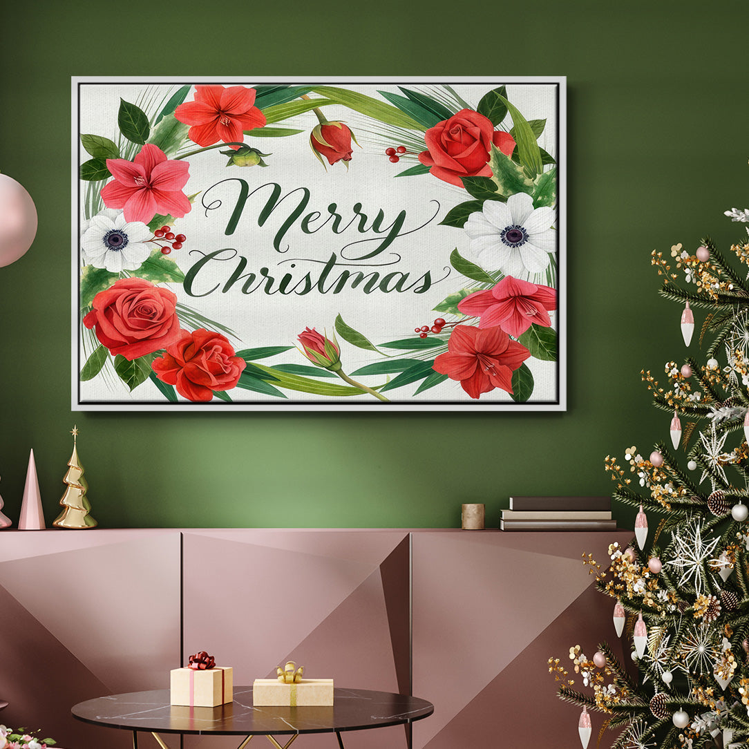 Christmas Flora Wreath Collection A - Framed Gallery Wrapped Canvas in Floating Frame