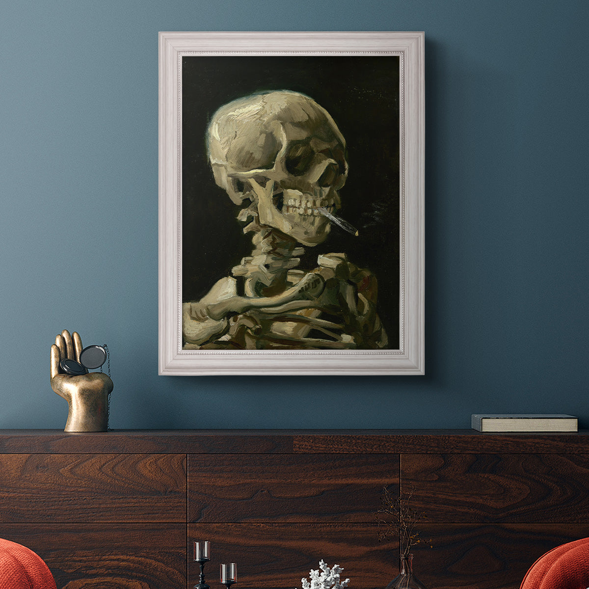 Head of a Skeleton with a Burning Cigarette - Ornate Framed Canvas Print