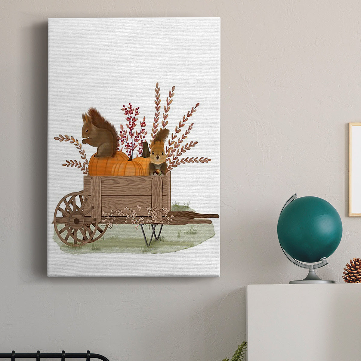 Squirrels In Pumpkin Wheelbarrow Premium Gallery Wrapped Canvas - Ready to Hang