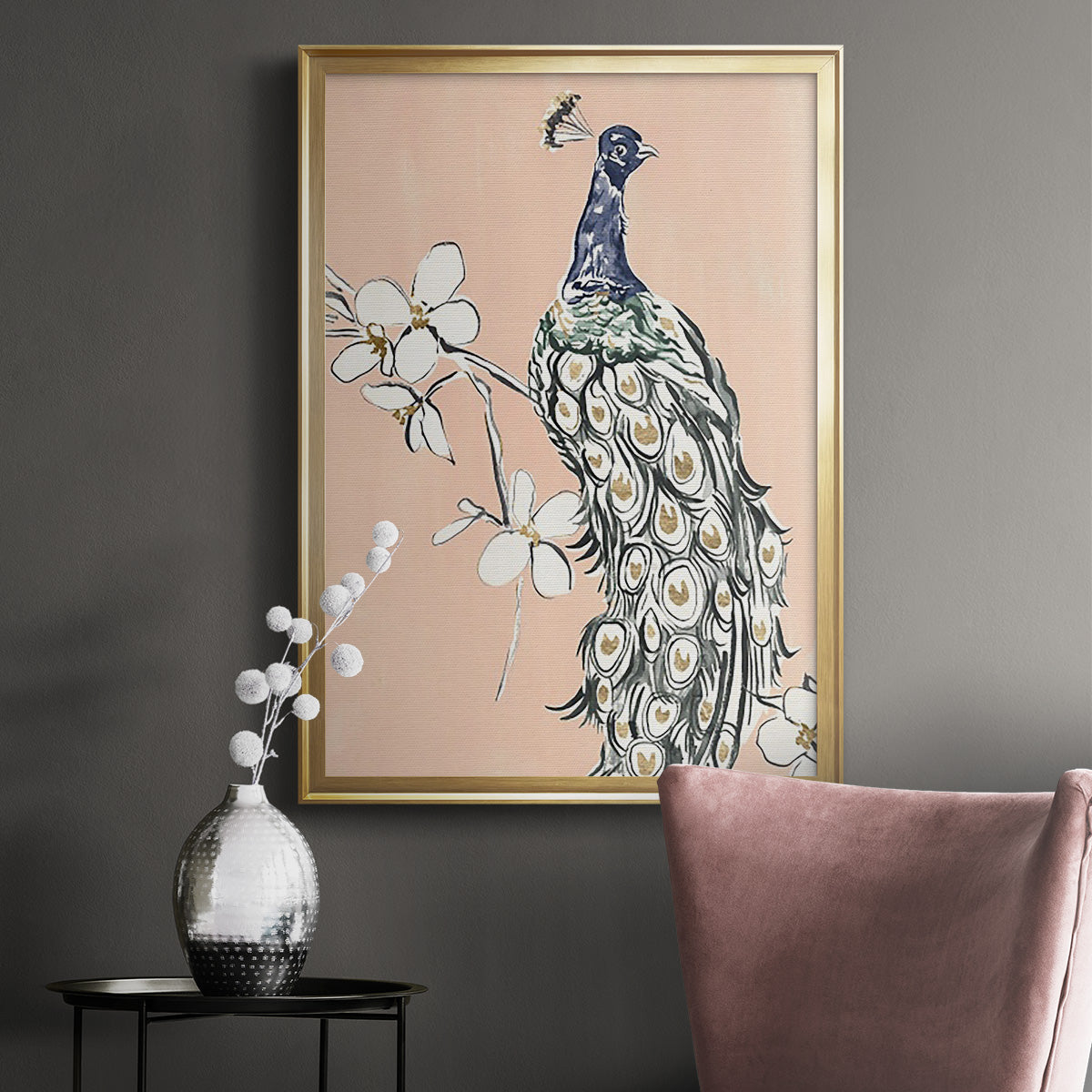 Peacock in Gold III - Modern Framed Canvas Print