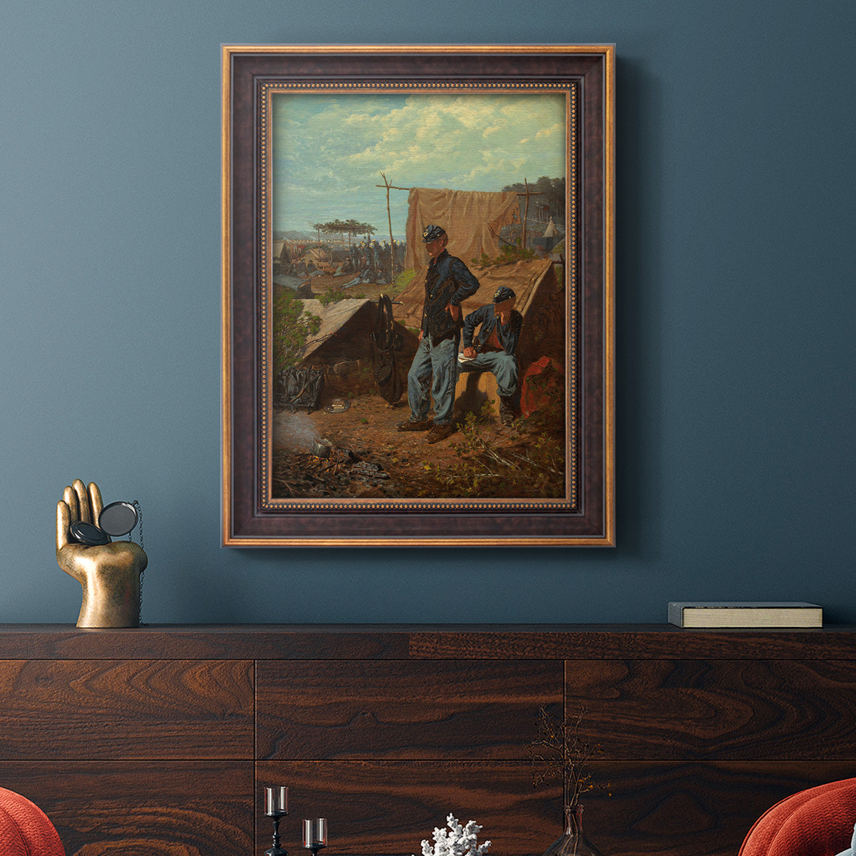 American genre scene of domestic life by Winslow Homer in an ornate bronzed mahogany wood frame displayed in a dark-toned interior setting.