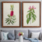 Set of two maple barnwood framed canvas prints depicting paired vintage botanical plate illustrations with peonies thistles leafy stems and archival cream paper above a sofa in a contemporary living room.