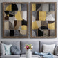 Set of two walnut barnwood framed canvas prints depicting paired structured modern abstracts with semicircles, rectangles, textured panels, and metallic-looking accents above a sofa in a contemporary living room.
