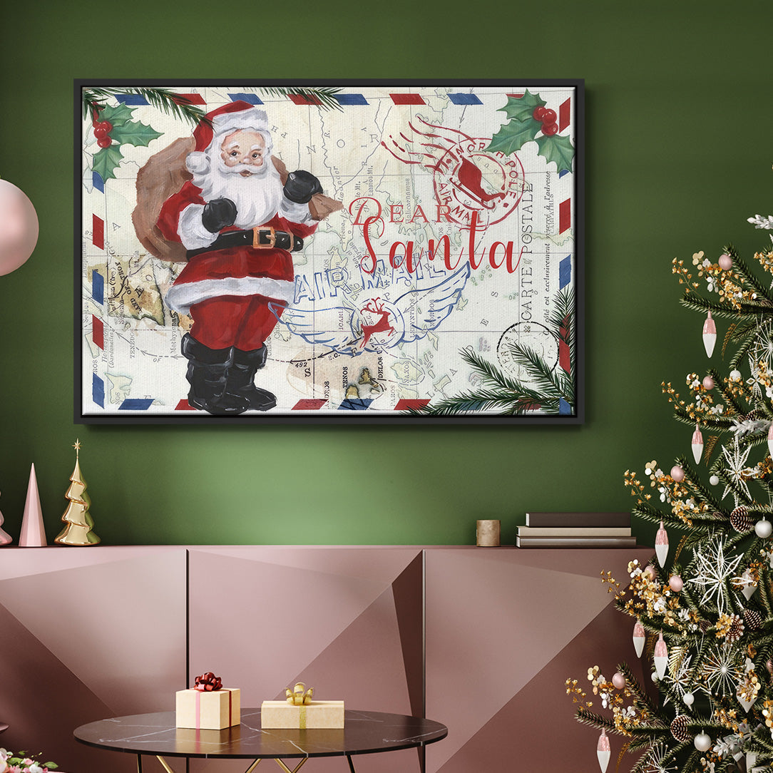 Christmas Par Avion Collection A - Framed Gallery Wrapped Canvas in Floating Frame