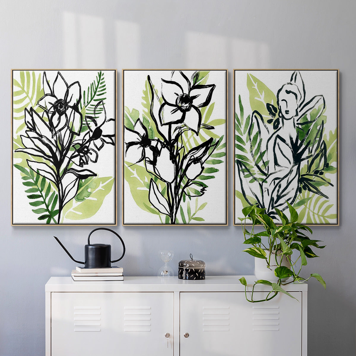 Tropical Sketchbook I - Framed Premium Gallery Wrapped Canvas L Frame 3 Piece Set - Ready to Hang