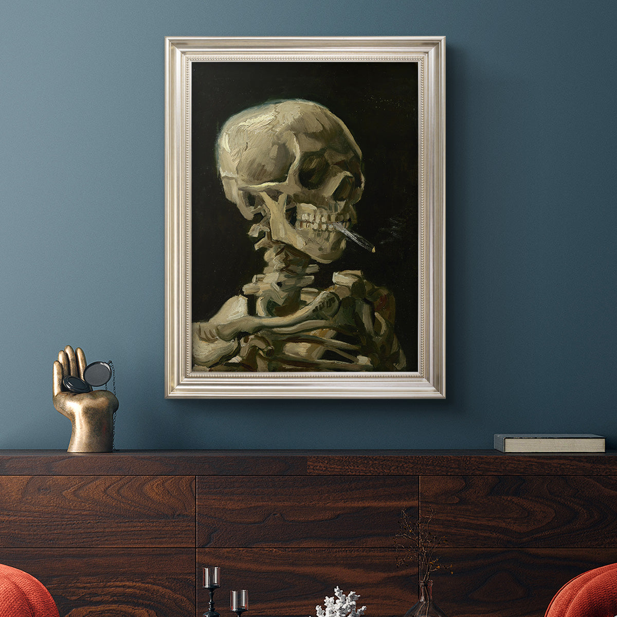 Head of a Skeleton with a Burning Cigarette - Ornate Framed Canvas Print