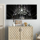 Three-panel canvas wall art featuring vintage city scene with figures, displayed above a cabinet in an entryway.