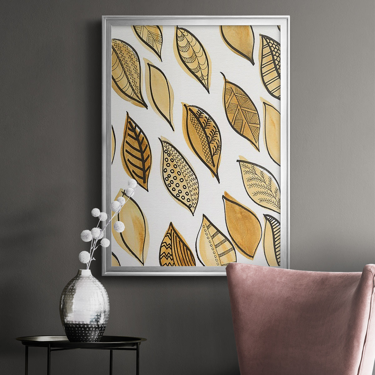Patterned Leaf Shapes II - Modern Framed Canvas Print