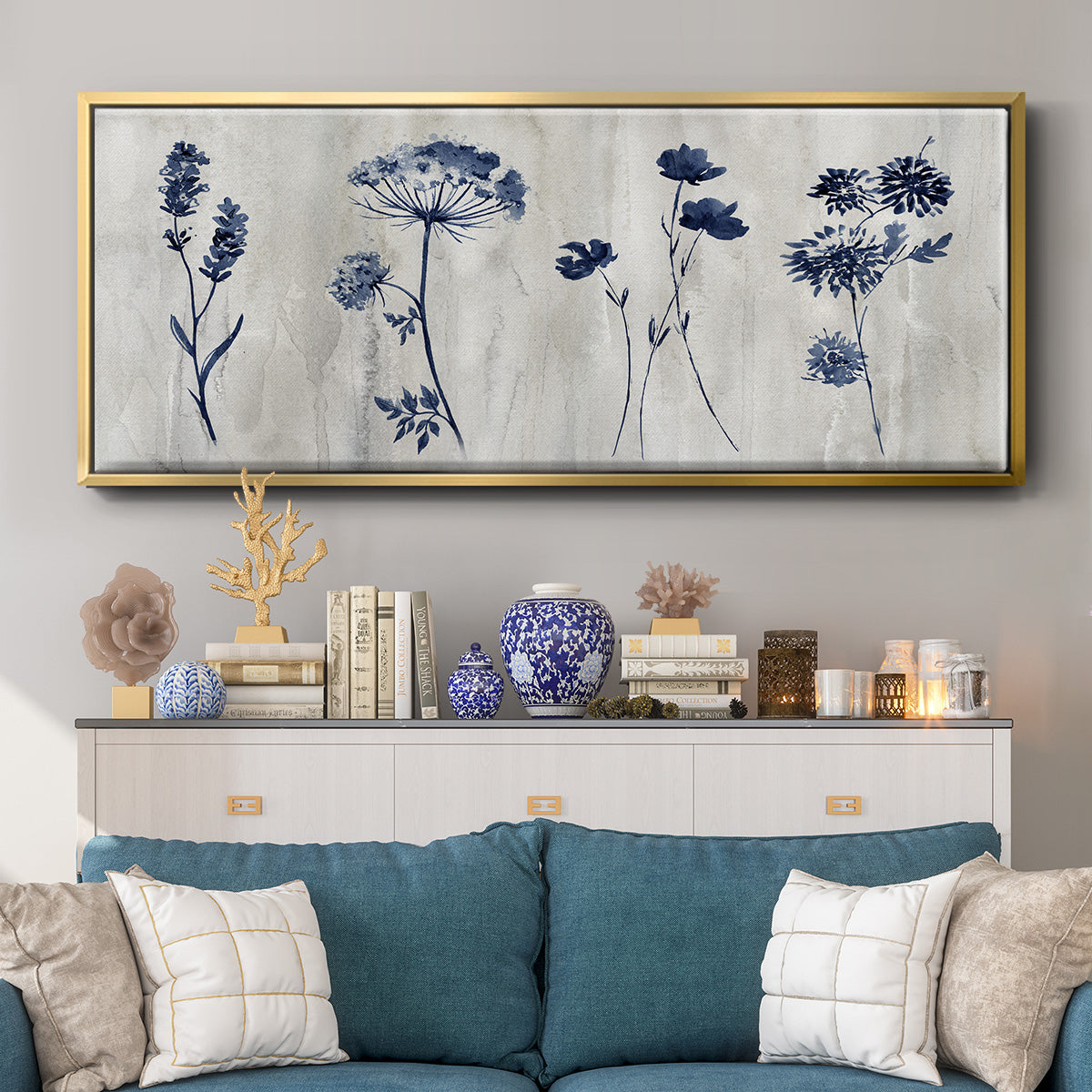 Indigo Row - Floater Framed Canvas Print