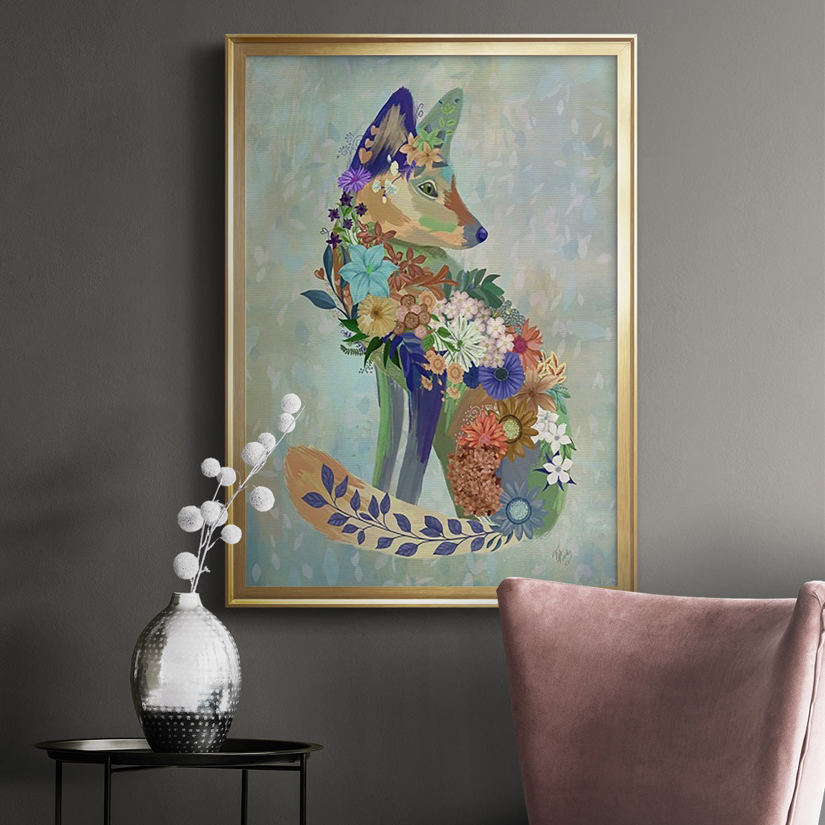 Fantastic Florals Fox, Sitting - Modern Framed Canvas Print