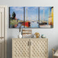 Three-panel canvas wall art featuring sailboats gathered along river, displayed above a cabinet in an entryway.