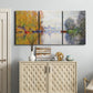 Three-panel canvas wall art featuring golden autumn light over riverside, displayed above a cabinet in an entryway.