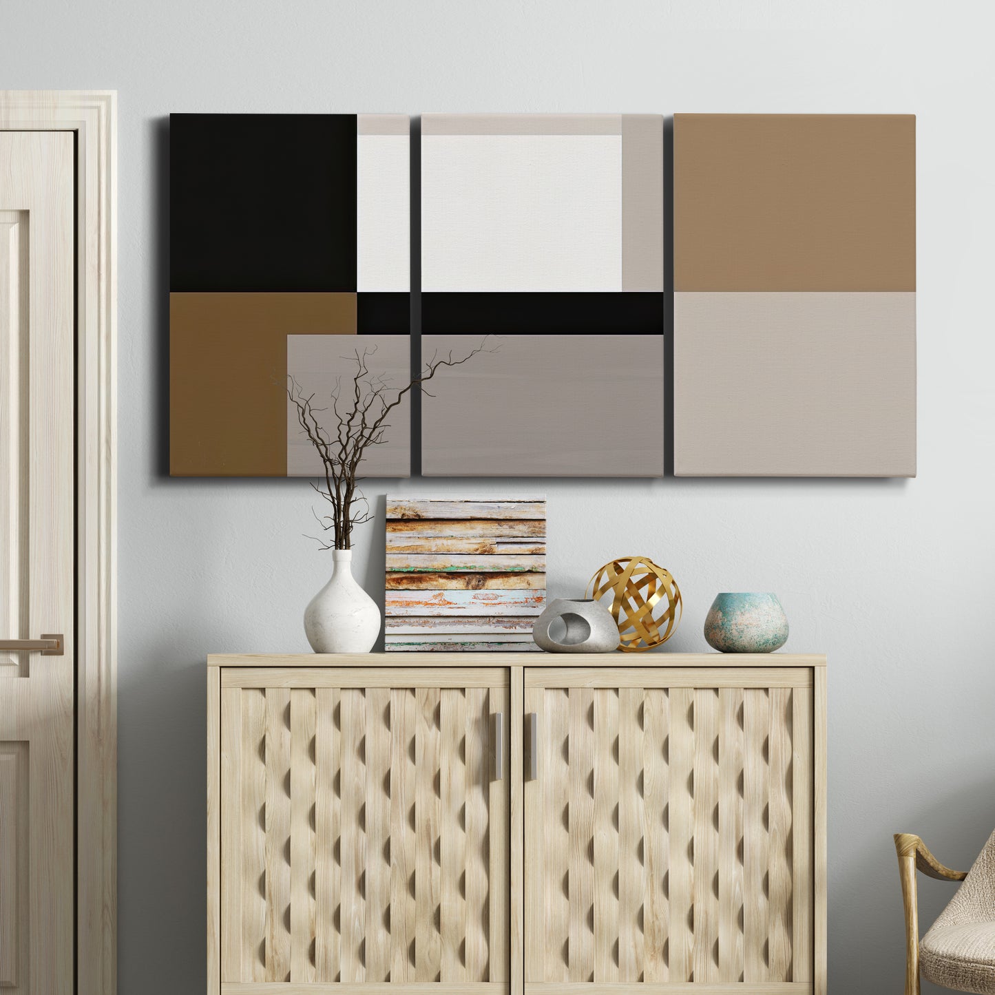 Three-panel canvas wall art featuring geometric abstract centerpoint composition, displayed above a cabinet in an entryway.