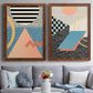 Set of two maple barnwood framed canvas prints depicting paired retro graphic abstracts with checkerboards stripes squiggles peach blue black and mint shapes above a sofa in a contemporary living room.