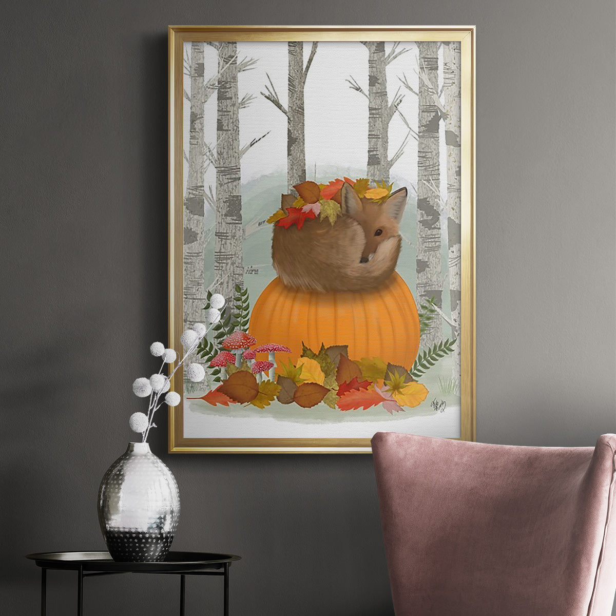 Fox Curled on Pumpkin - Modern Framed Canvas Print