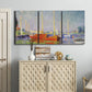 Three-panel canvas wall art featuring red boats along riverbank, displayed above a cabinet in an entryway.
