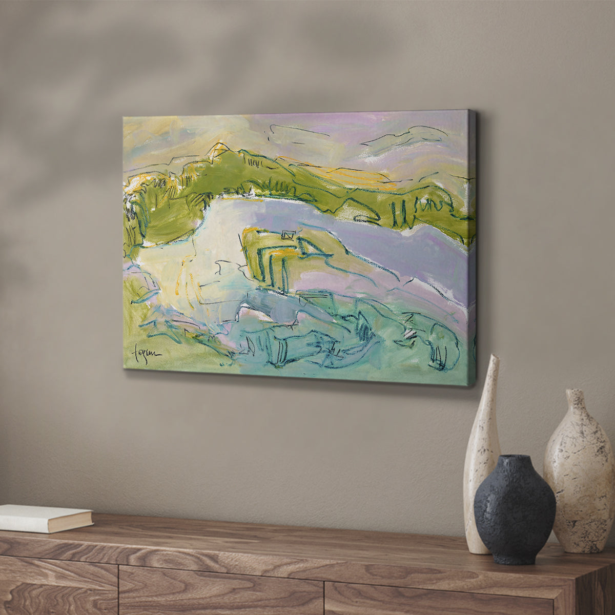 Serene coastal landscape with gentle waves and green hills under soft pastel skies at sunset