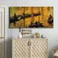 Three-panel canvas wall art featuring small boat on calm water, displayed above a cabinet in an entryway.