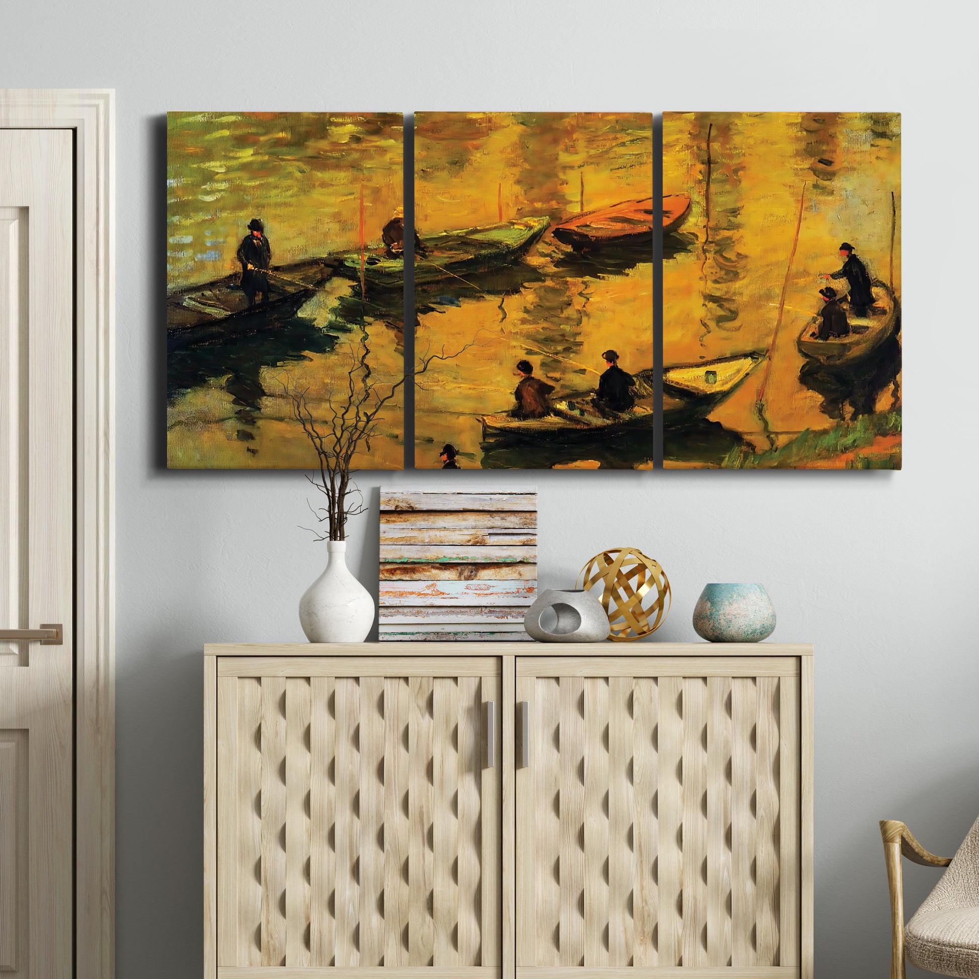 Three-panel canvas wall art featuring small boat on calm water, displayed above a cabinet in an entryway.