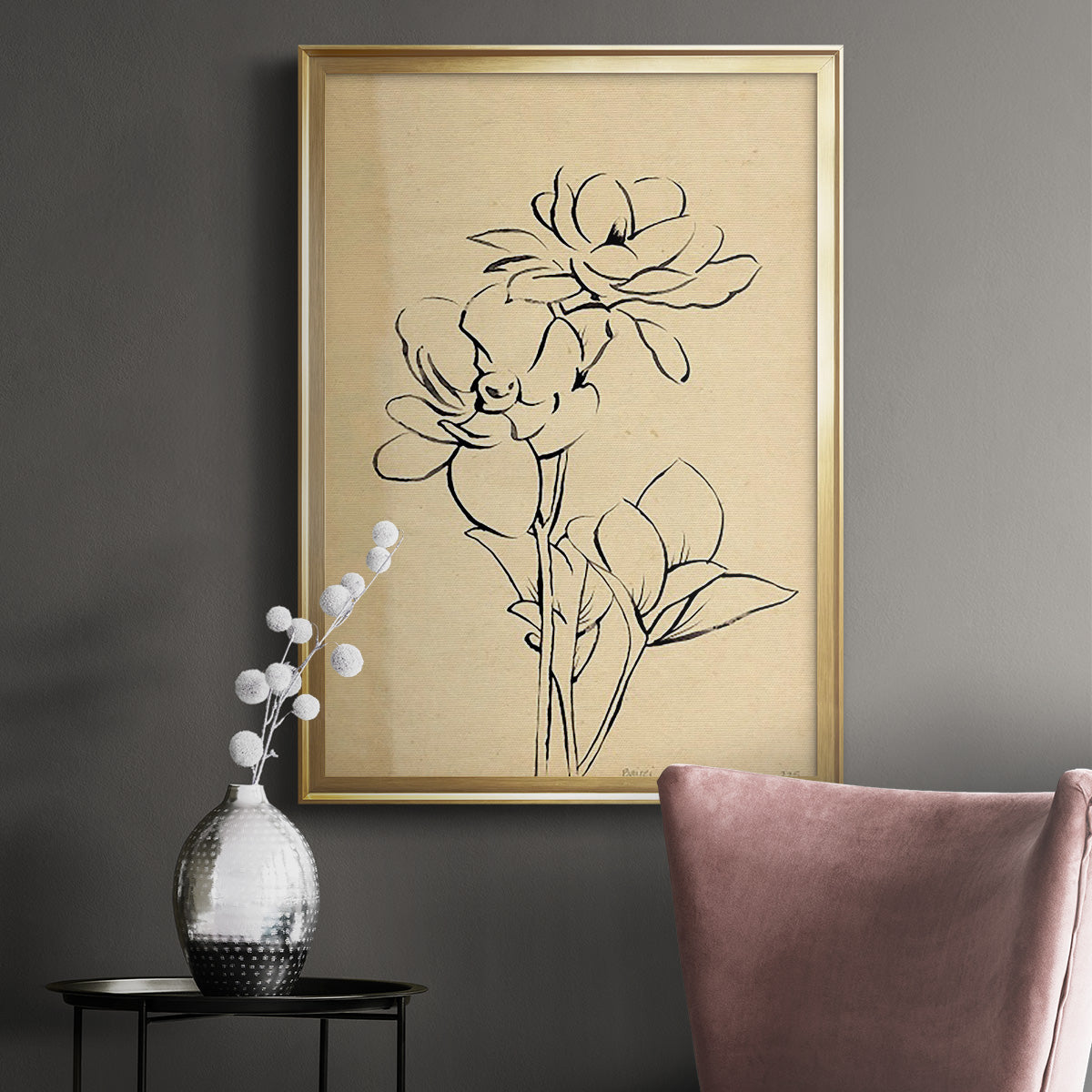Magnolia Sketch II - Modern Framed Canvas Print