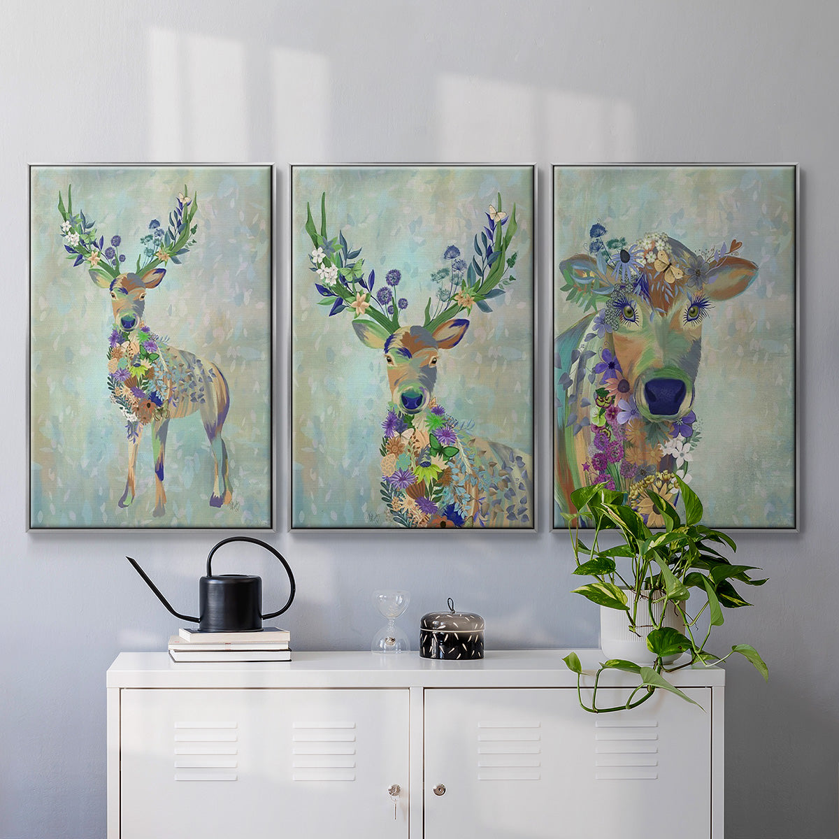 Fantastic Florals Cow - Framed Premium Gallery Wrapped Canvas L Frame 3 Piece Set - Ready to Hang