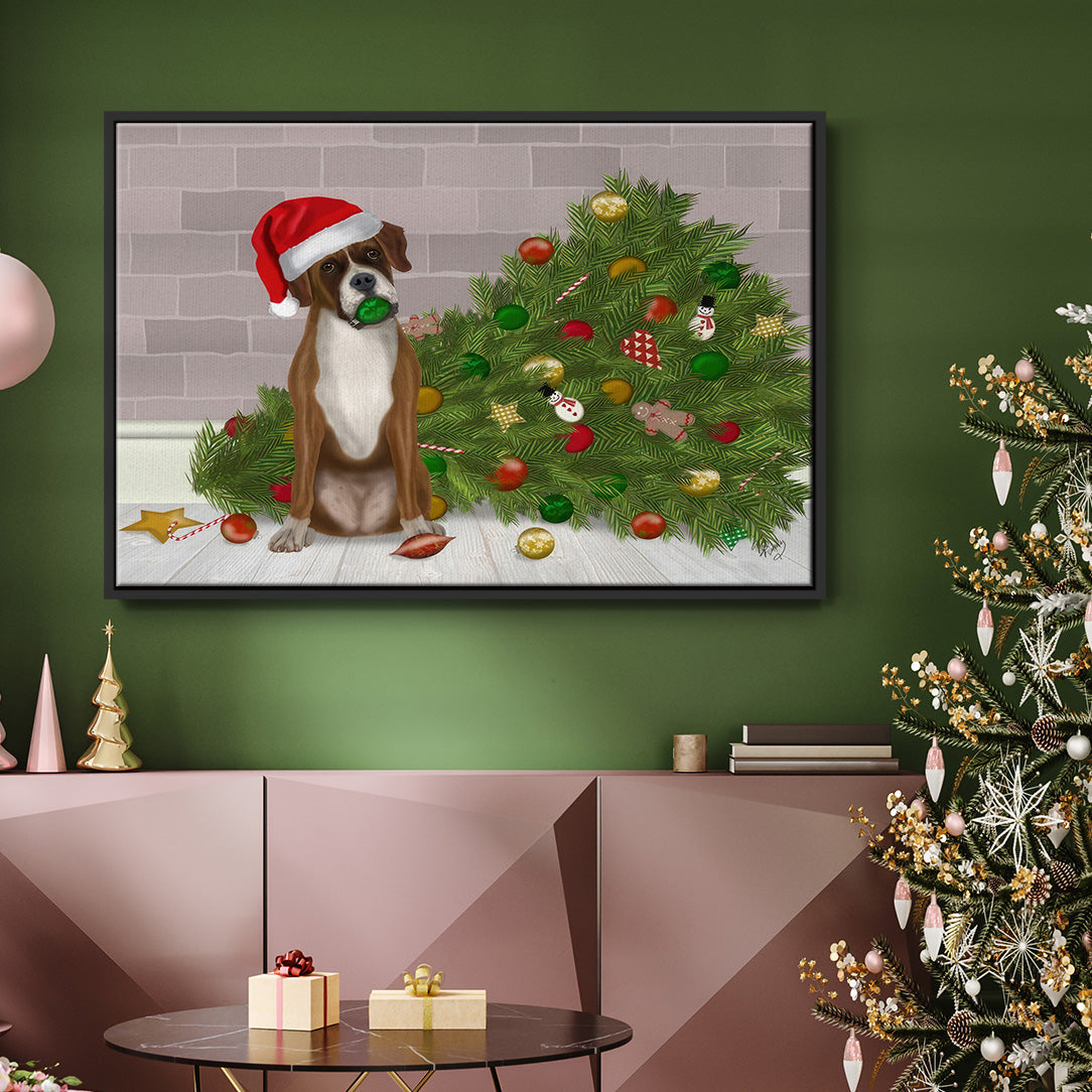 Christmas Boxer and Broken Christmas Tree - Framed Gallery Wrapped Canvas in Floating Frame