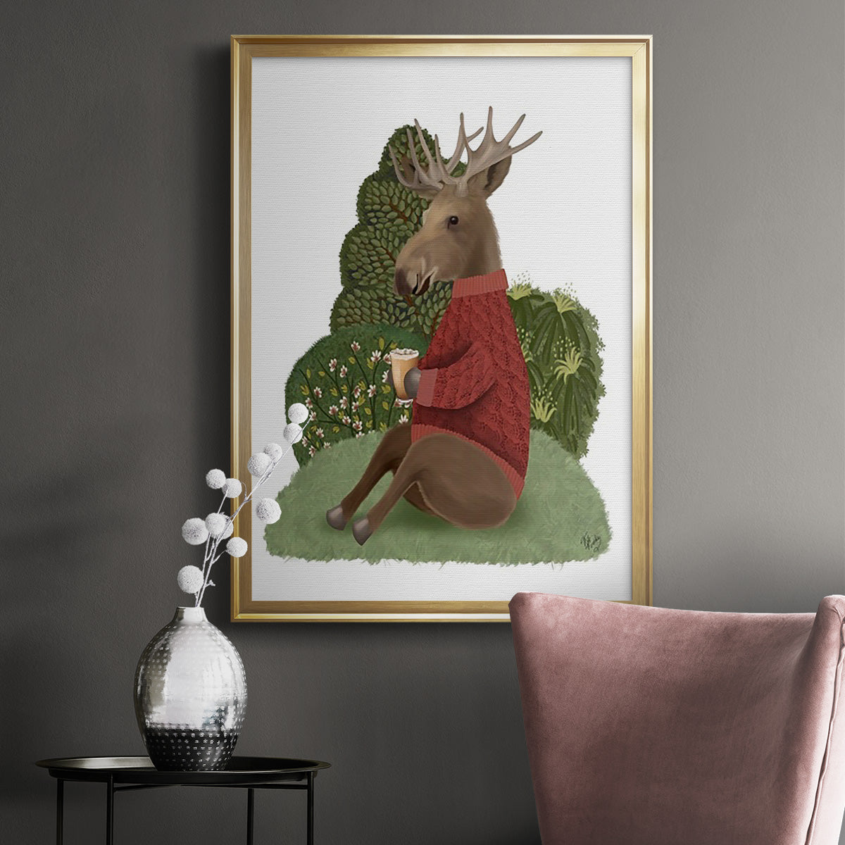 Latte Moose in Sweater - Modern Framed Canvas Print
