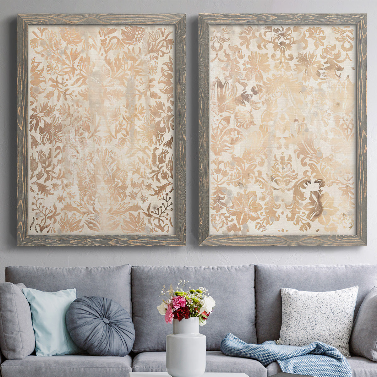 Walnut Damask I - Premium Framed Canvas 2 Piece Set - Ready to Hang