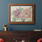 Modern peony floral drawing in an ornate vintage burl wood frame displayed in a dark-toned interior setting.