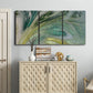 Three-panel canvas wall art featuring layered modern abstract landscape, displayed above a cabinet in an entryway.