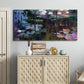 Three-panel canvas wall art featuring water lilies with willow reflections, displayed above a cabinet in an entryway.